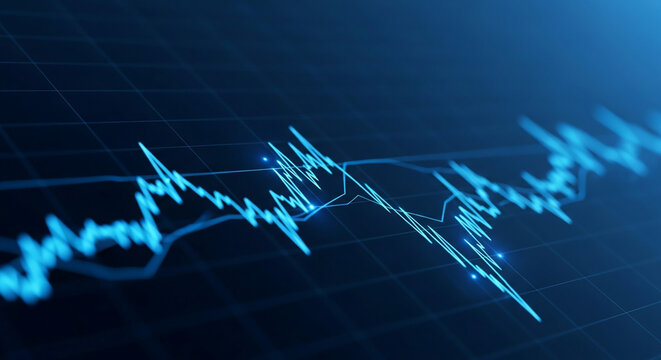 Dynamic financial market graph displaying volatile stock price fluctuations with glowing data points, perfect for investment analysis and economic trends.