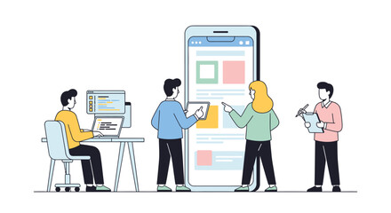 Illustration of team collaborating on mobile app development with large smartphone display