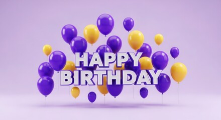 Happy birthday text with purple and yellow balloons