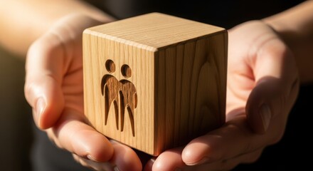 Hands holding a wooden cube with a friendship symbol carved