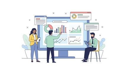 Illustration of team analyzing business data and financial charts on large screen in modern office setting