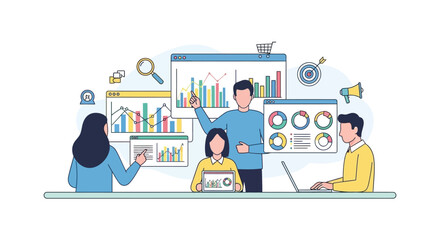 Illustration of team collaborating on data analysis and business strategy with charts and laptops