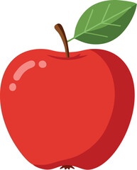 A vibrant, cartoon-style illustration of a ripe red apple with a green leaf and brown stem, presented against a white background.