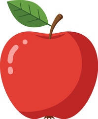 Fototapeta premium A vibrant, cartoon-style illustration of a ripe, red apple with a green leaf and brown stem.