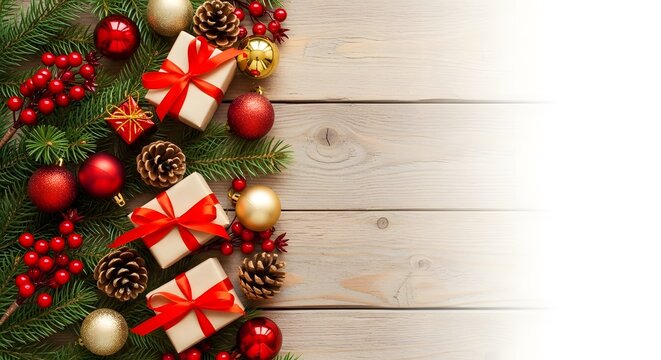 Festive christmas arrangement featuring gifts ornaments and pine branches on wood planks silhouette