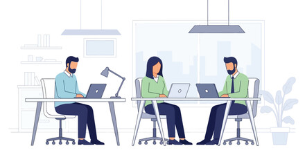 Illustration of modern office scene with three professionals working at desks in open workspace