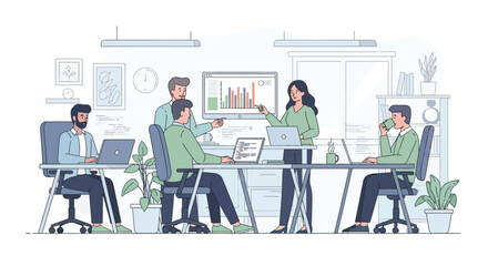 Illustration of diverse team collaborating in modern office meeting with digital presentation