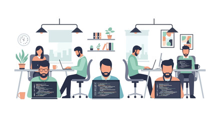 Illustration of modern office workspace with diverse team collaborating on laptops in openplan environment
