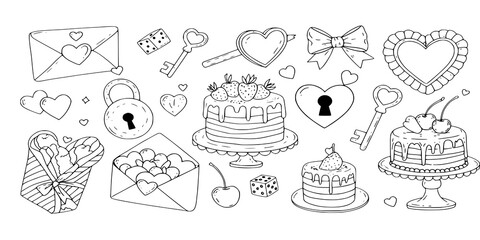 Coquette Valentines day Pink vector hand drawn stickers, icons, pictures, background, wallpaper. Love letter, lock, key, retro cakes, bow, cherry, hearts, dice. Trendy vintage line art vector set 