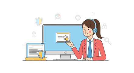 Illustration of customer support representative assisting client with online form on computer screen