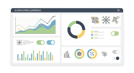 Illustration of ai machine learning analytics dashboard with graphs and data visualization