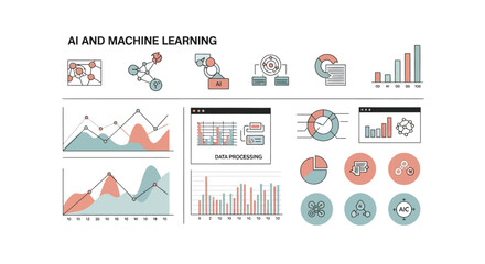 Illustration of ai and machine learning infographic with data analytics and technology icons