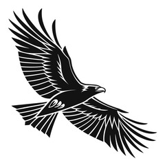Black abstract eagle bird flying wings spread white background