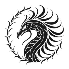 Black abstract dragon head circular logo design white