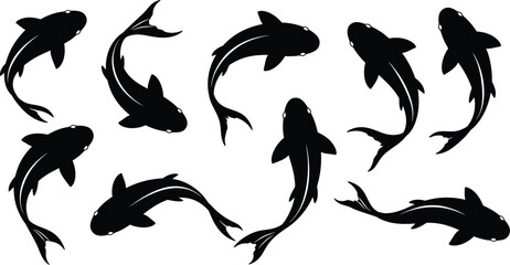 School of Black Fish Silhouettes with White Highlights Vector Set - AI Generative
