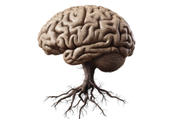Brain and roots intertwining in a captivating display of growth, exploring the connection between knowledge and nature