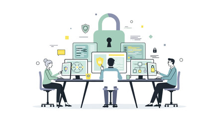 Illustration of team of it professionals working on cybersecurity and data protection with lock symbol
