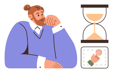 Thoughtful man resting on hand while watching an hourglass finger pressing digital button. Ideal for time management, decision-making, patience, deadlines, urgency, productivity, simple flat metaphor