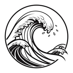 Black abstract wave lines inside circle water ocean