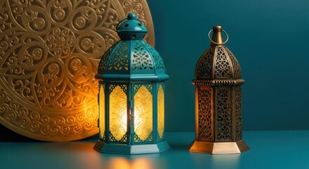 Two ornate ramadan lanterns glowing with warm light