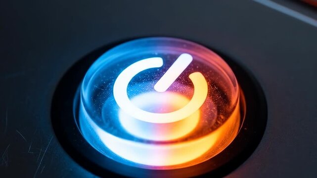 Illuminated power button on dark surface, glowing start concept