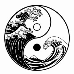 Black and white yin yang symbol with crashing waves and mountains