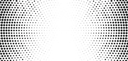 Halftone radial burst background in black and white dotted gradient pattern forming circular symmetry for retro modern poster banner and graphic design