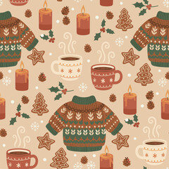 Christmas Pattern Vector. Seamless Christmas Pattern with Mugs, Sweater, Candle, and Cookie. Holiday Seamless Pattern Background.