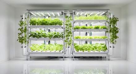 Modern indoor vertical farm growing fresh organic greens and herbs under LED lights for sustainable agriculture and healthy eating initiatives