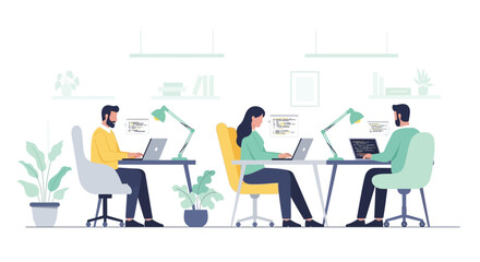 Illustration of modern office workspace with three professionals using laptops at shared desk