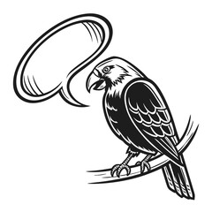 Fototapeta premium Black bird with speech bubble on white background talking