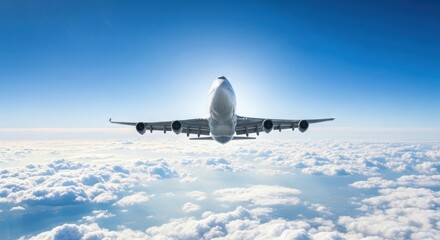 Airplane flying above clouds in a clear blue sky