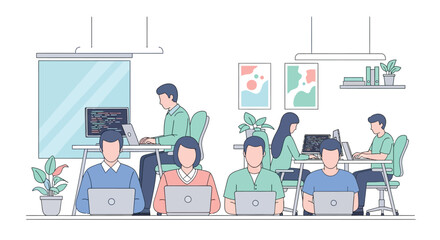 Illustration of diverse team of professionals working collaboratively in modern office environment with laptops