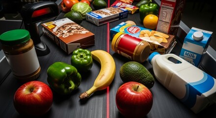 A variety of grocery items, including fruits, vegetables, and packaged goods, scanned at a checkout retail counter with a modern laser scanner.