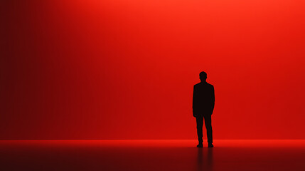 Fototapeta premium Silhouette in Red: An isolated figure stands starkly against a vibrant crimson backdrop, creating a dramatic, minimalist composition.