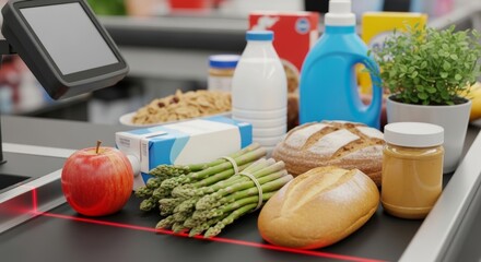 High-contrast, close-up shot of a variety of grocery items like bread, produce, and milk moving along a supermarket checkout conveyor belt toward a laser scanner.