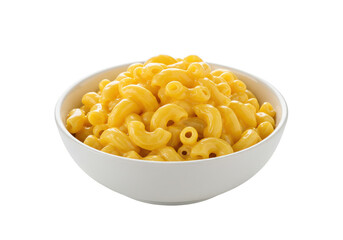 A white bowl filled with macaroni and cheese on a transparent background showing a comfort food meal