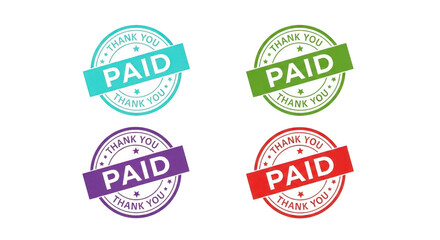 Obraz premium Four colorful paid stamp logos isolated on transparent background for business and payment verification