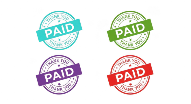 Four colorful paid stamp logos isolated on transparent background for business and payment verification - Powered by Adobe