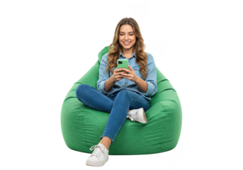 A happy woman smiles using phone while sitting on a green beanbag chair in a comfortable and relaxed position on transparent background
