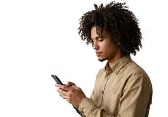 A young handsome man with curly hair is looking at his cellular device in a tan button down shirt pose side view on transparent background