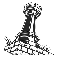 Black chess rook tower on stone base with grass castle