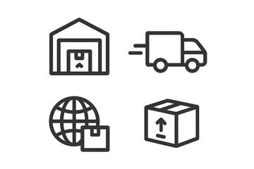 Package delivery icon set. Logistics and shipping line icons. Warehouse, truck, worldwide shipping, cargo box. E-commerce, transport, freight vector symbols for web, mobile.