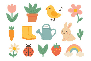 Spring cute stickers set. Garden vector collection. Cartoon flat design pack with flower, plant, bird, bunny, ladybug, carrot, strawberry, boots, watering can, rainbow.