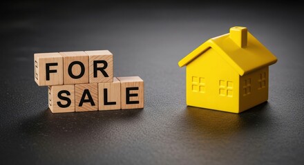 Wooden blocks spelling for sale next to a yellow house model