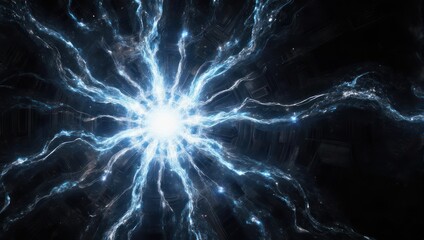 Fototapeta premium A bright, central energy source radiates outwards with electric blue lines. Abstract, digital art