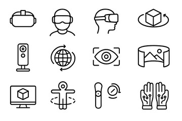 Virtual reality thin line icon set. VR technology outline vector icons for web and mobile apps. Includes headset, 360 camera, controller, haptic gloves and metaverse symbols.