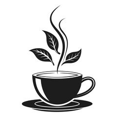 Black coffee cup logo with steam and leaves saucer