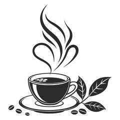 Black coffee cup with steam and coffee beans white