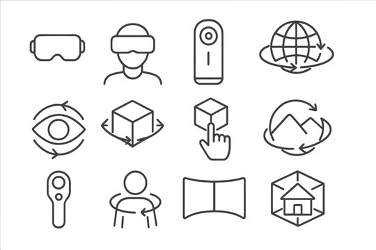 Virtual reality thin line icons. VR, AR, and metaverse technology symbols. Set includes headset, 360 degree view, controller, and augmented reality glasses for web and app UI.
